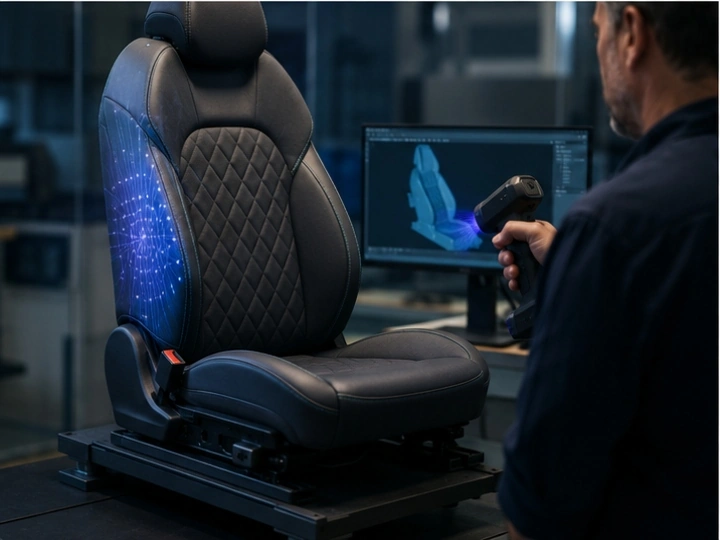 3D szkenner digitalizálása autóülésről, pont-hálók, kék scan-fény