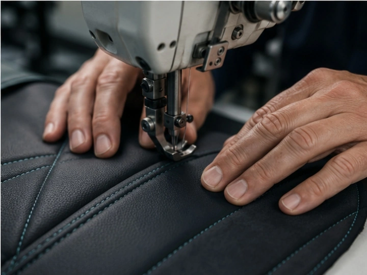 Ipari varrógépen prémium bőr/textil varrása, precíz öltéssor, kézműves munka
